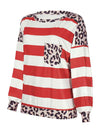 Striped Leopard Long Sleeves Top Red Women's T-Shirts - Tophatter Daily Deals