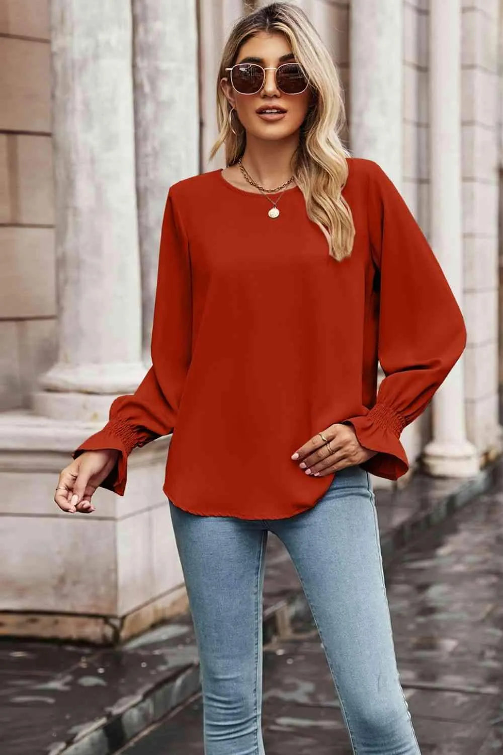 Round Neck Long Flounce Sleeve Blouse Red Orange Blouses - Tophatter Daily Deals