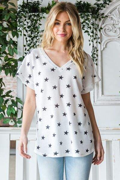 Heimish Full Size Star Print Short Sleeve V-Neck Waffle Knit T-Shirt IVORY BLACK Blouses - Tophatter Daily Deals