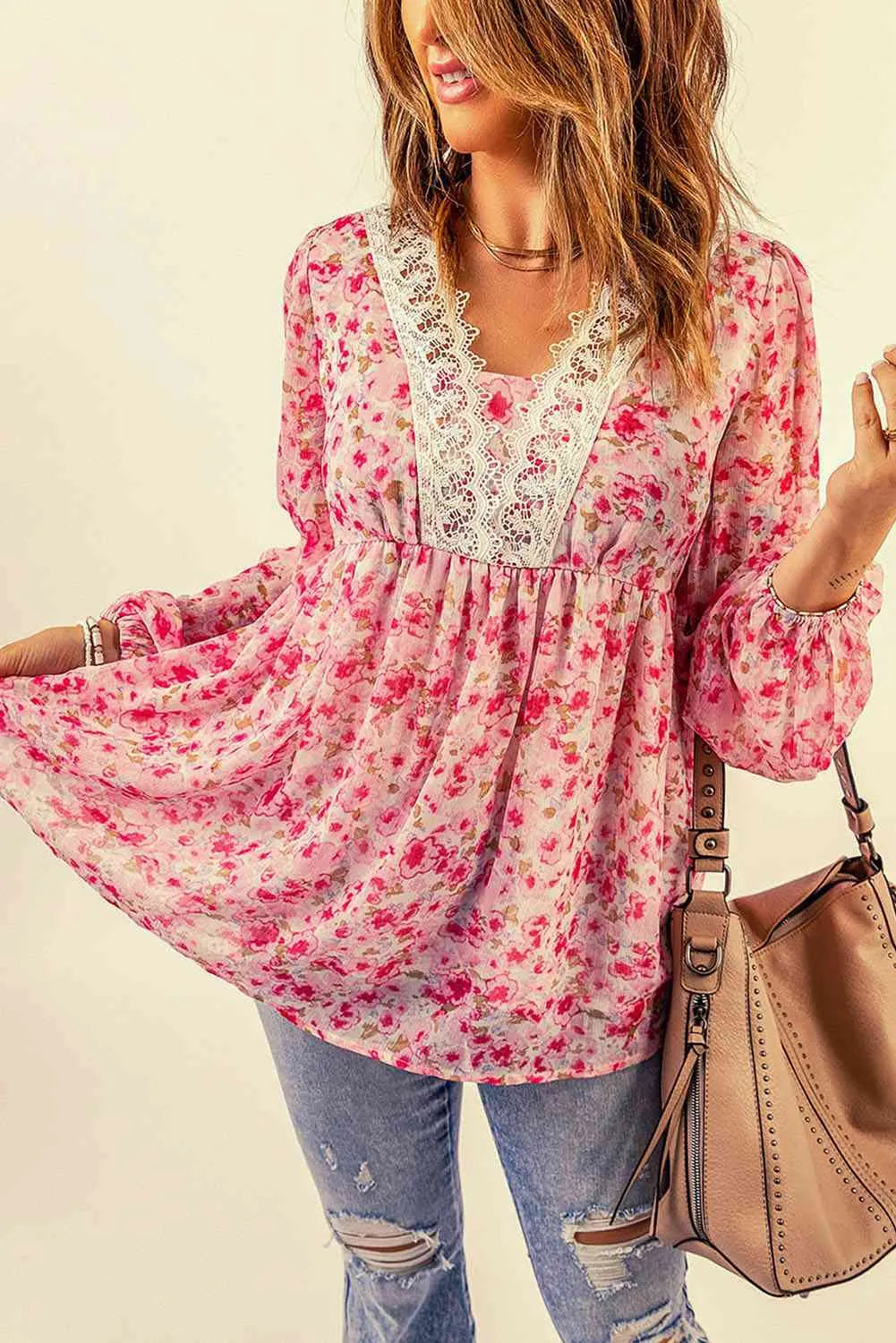 Floral Lace Trim Balloon Sleeve Blouse Blouses - Tophatter Daily Deals