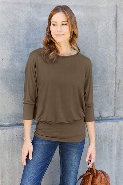 Basic Bae Full Size Round Neck Batwing Sleeve Blouse Chestnut Blouses - Tophatter Daily Deals