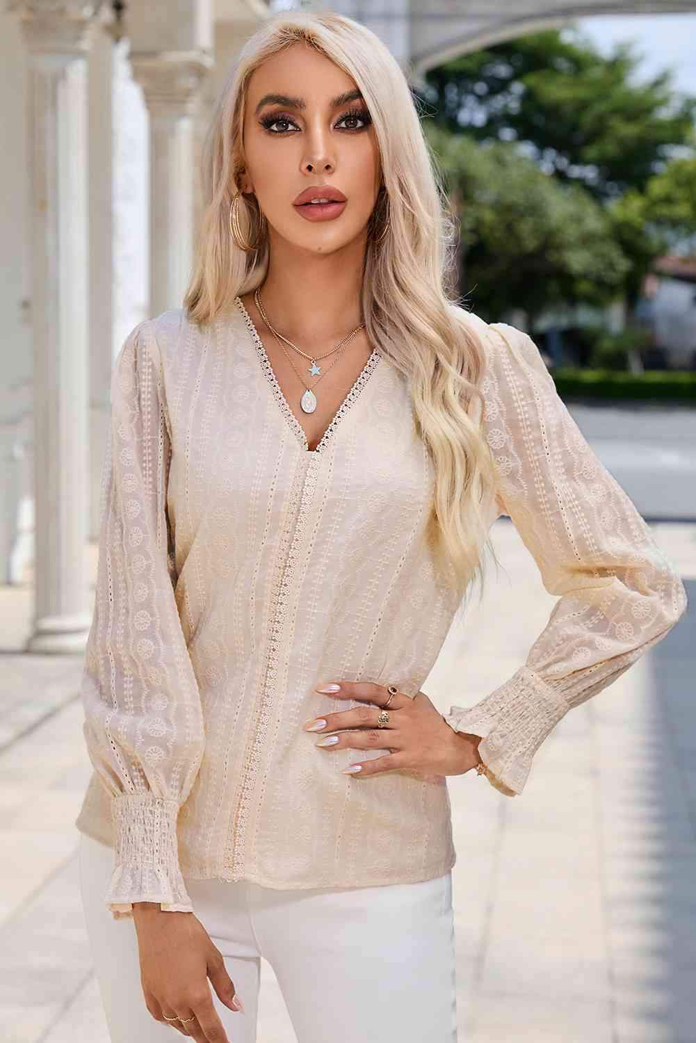 V-Neck Smocked Flounce Sleeve Blouse Beige Blouses - Tophatter Daily Deals