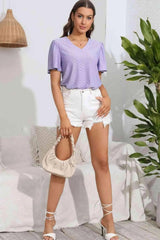 Eyelet V-Neck Flutter Sleeve Top Blouses - Tophatter Daily Deals