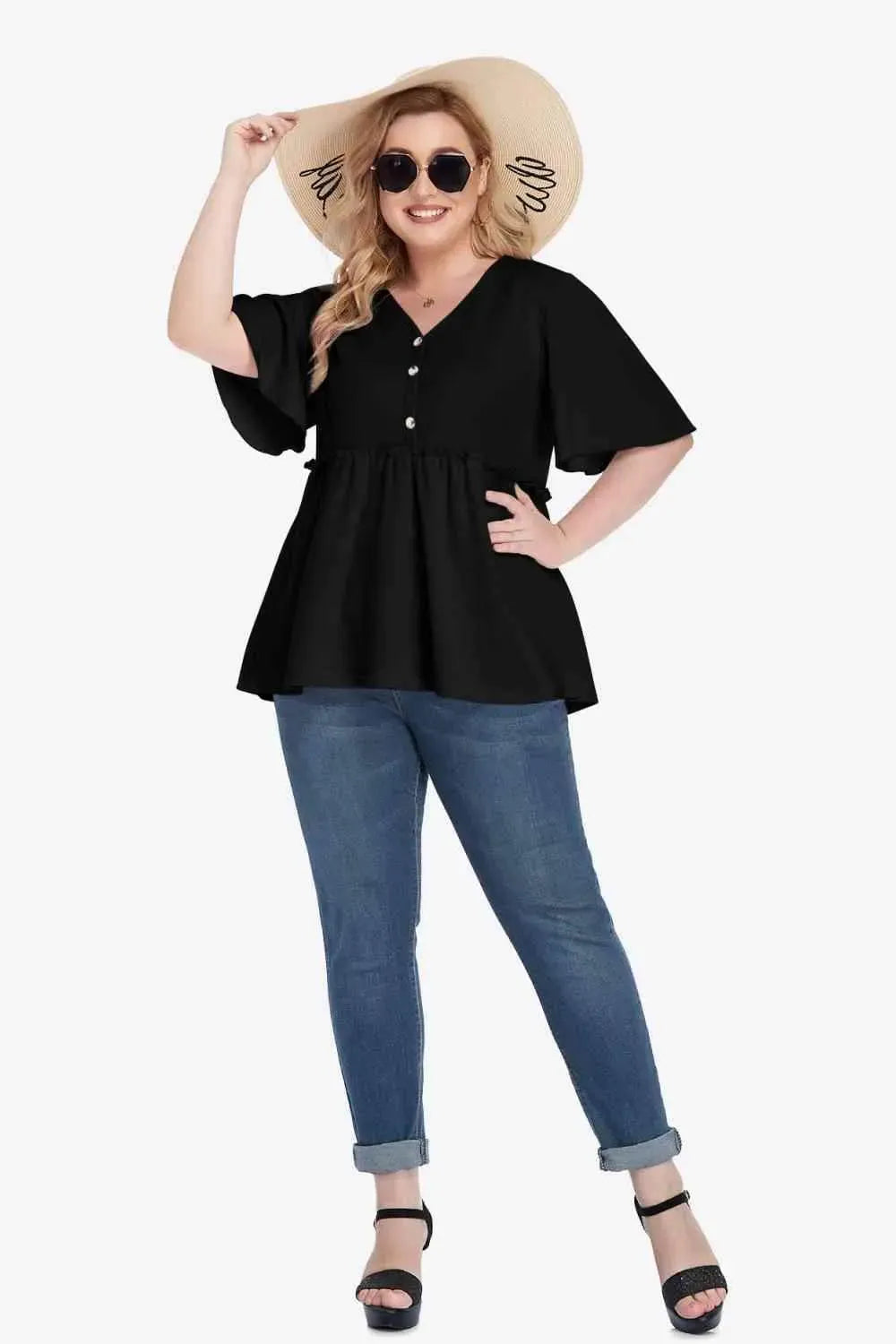 Plus Size Buttoned V-Neck Frill Trim Babydoll Blouse Blouses - Tophatter Daily Deals