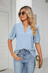 Eyelet Short Puff Sleeve Notched Neck Top Blouses - Tophatter Daily Deals