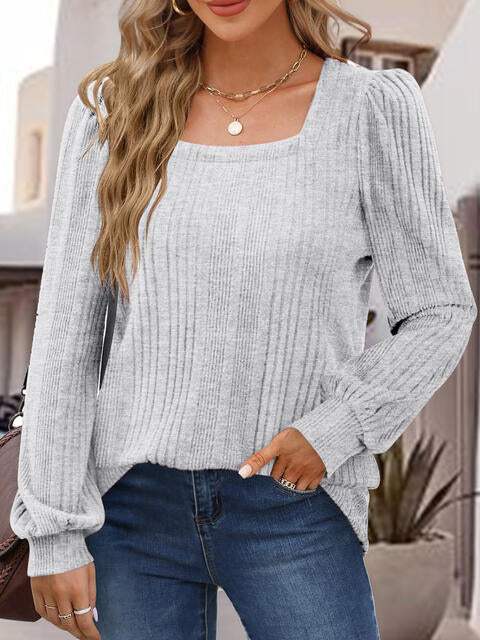 Square Neck Long Sleeve Top Light Gray Blouses - Tophatter Daily Deals