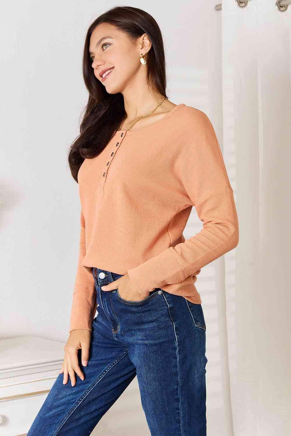 Basic Bae Half Button Long Sleeve Top Women's T-Shirts - Tophatter Daily Deals