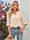 Swiss Dot Roll-Tab Sleeve V-Neck Blouse Sand Blouses - Tophatter Daily Deals