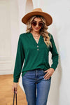 Buttoned Notched Neck Long Sleeve Top Green Blouses - Tophatter Daily Deals