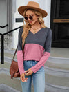 V-Neck Long Sleeve Two-Tone T-Shirt Women's T-Shirts - Tophatter Daily Deals