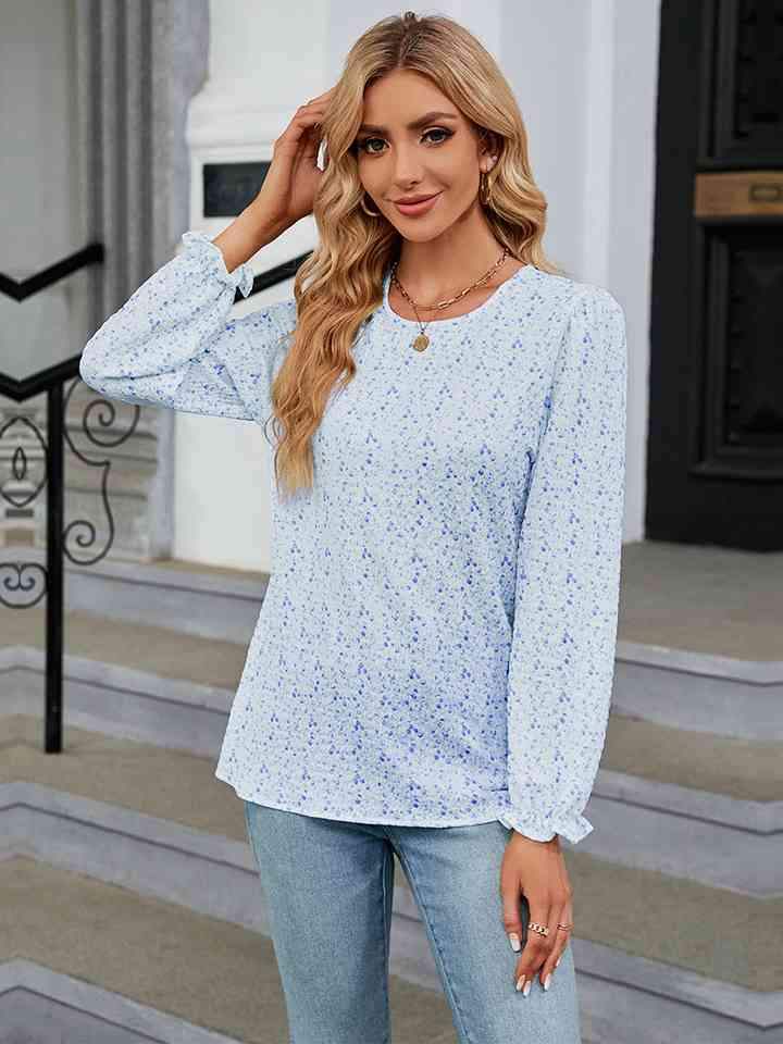 Printed Round Neck Flounce Sleeve Blouse Women's T-Shirts - Tophatter Daily Deals