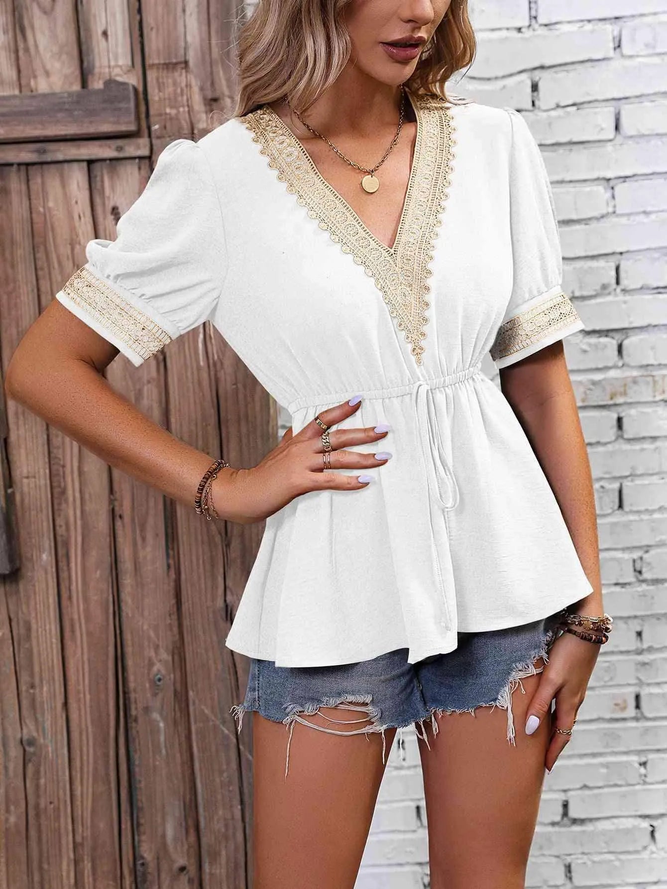 Contrast V-Neck Babydoll Top White Blouses - Tophatter Daily Deals