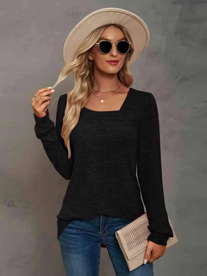 Heathered Square Neck Long Sleeve T-Shirt Women's T-Shirts - Tophatter Daily Deals