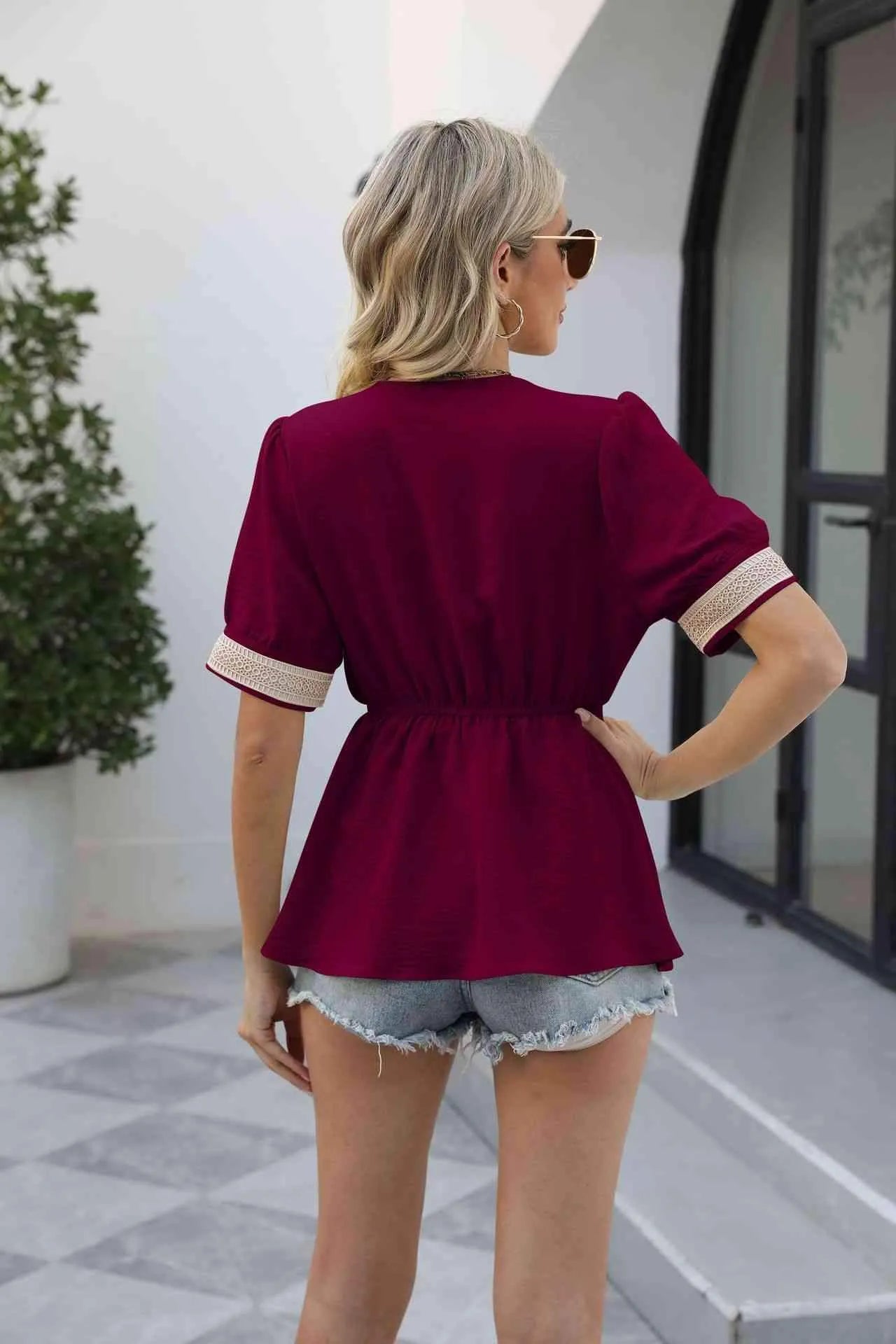 V-Neck Puff Sleeve Babydoll Top Blouses - Tophatter Daily Deals