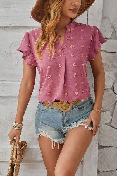 Swiss Dot Notched Cap Sleeve T-Shirt Light Mauve Women's T-Shirts - Tophatter Daily Deals