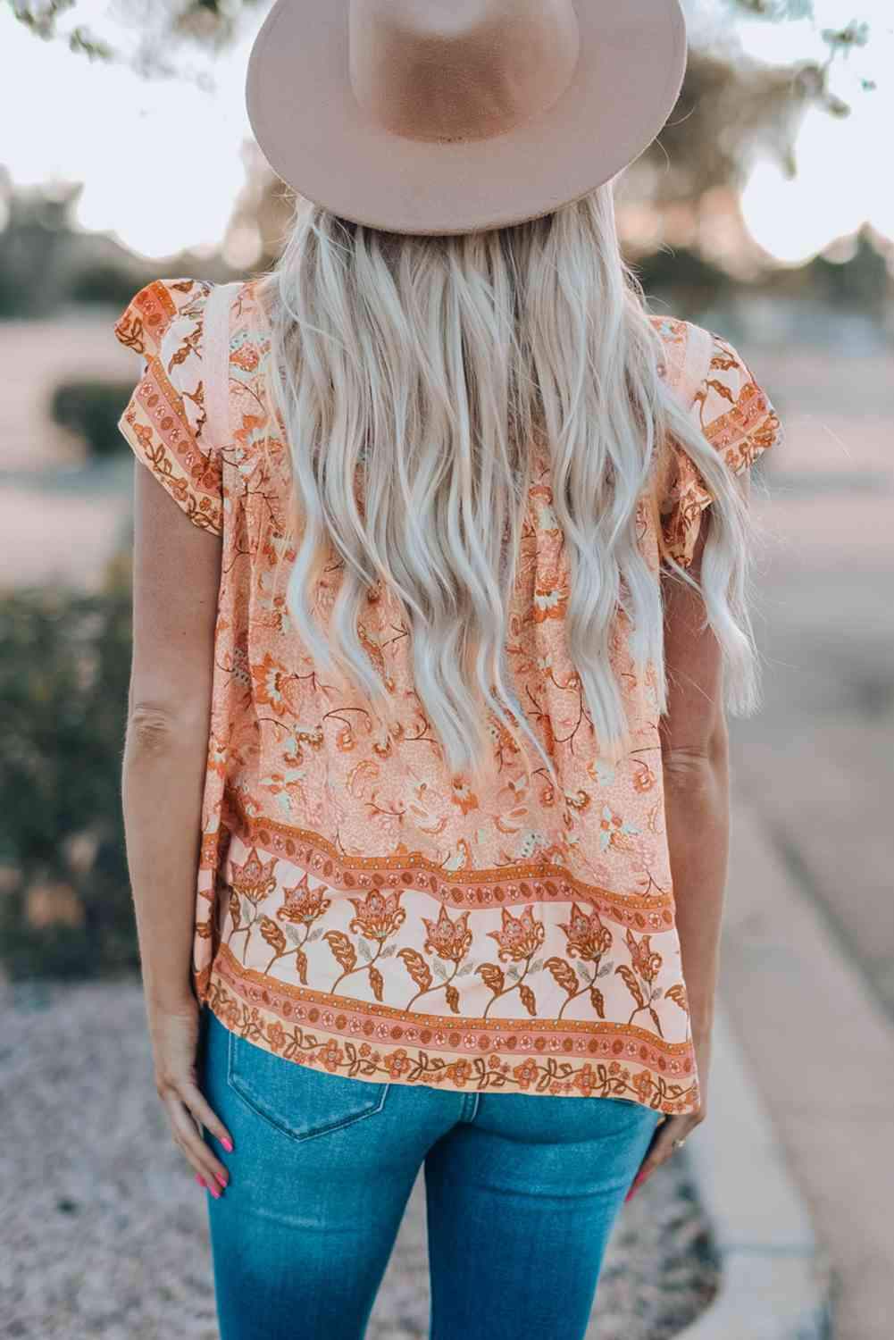 Floral Flutter Sleeve Sleeveless Blouse Blouses - Tophatter Daily Deals