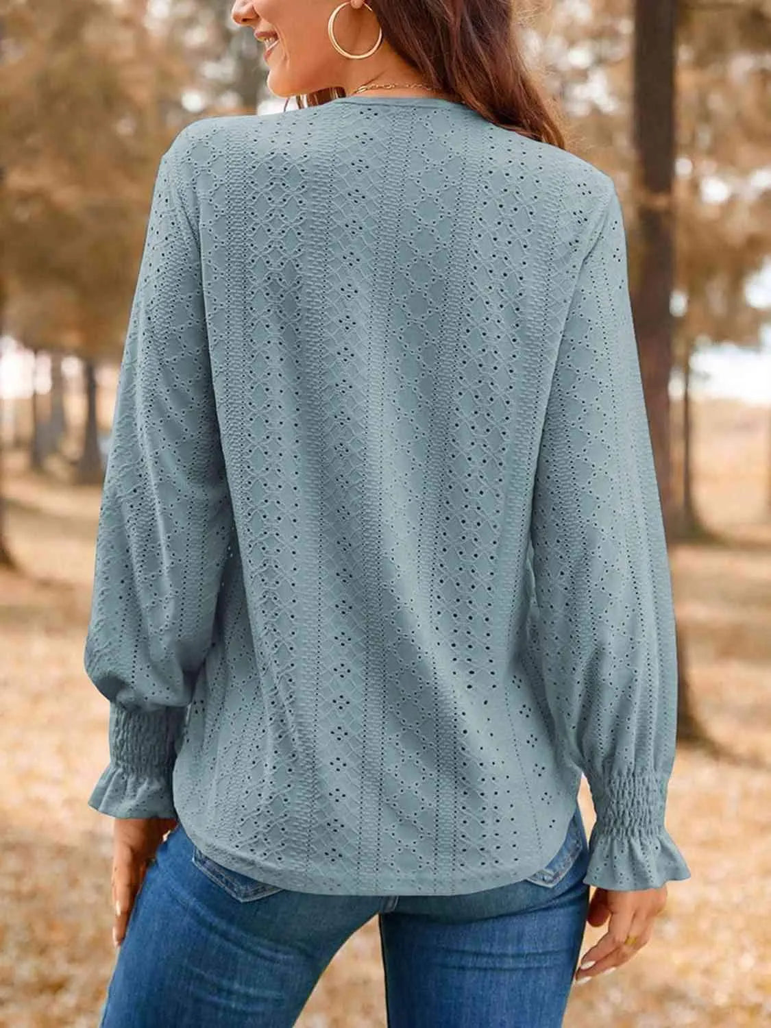 Eyelet V-Neck Flounce Sleeve Top Blouses - Tophatter Daily Deals