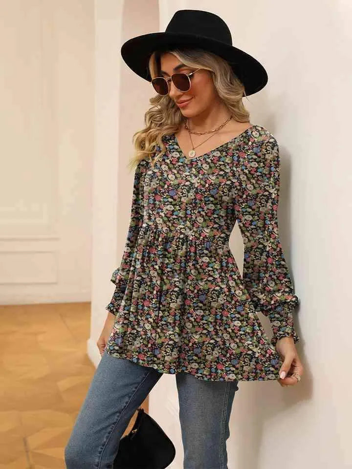Printed V-Neck Lantern Sleeve Blouse Blouses - Tophatter Daily Deals