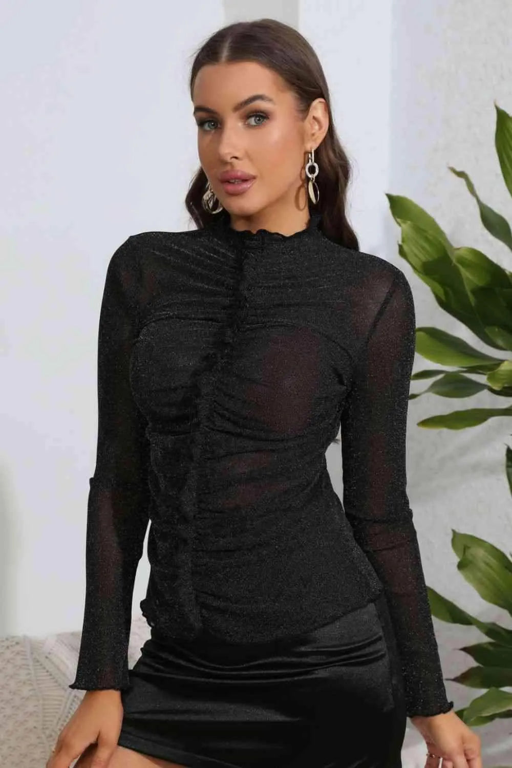 Ruched Mock Neck Long Sleeve Top Blouses - Tophatter Daily Deals