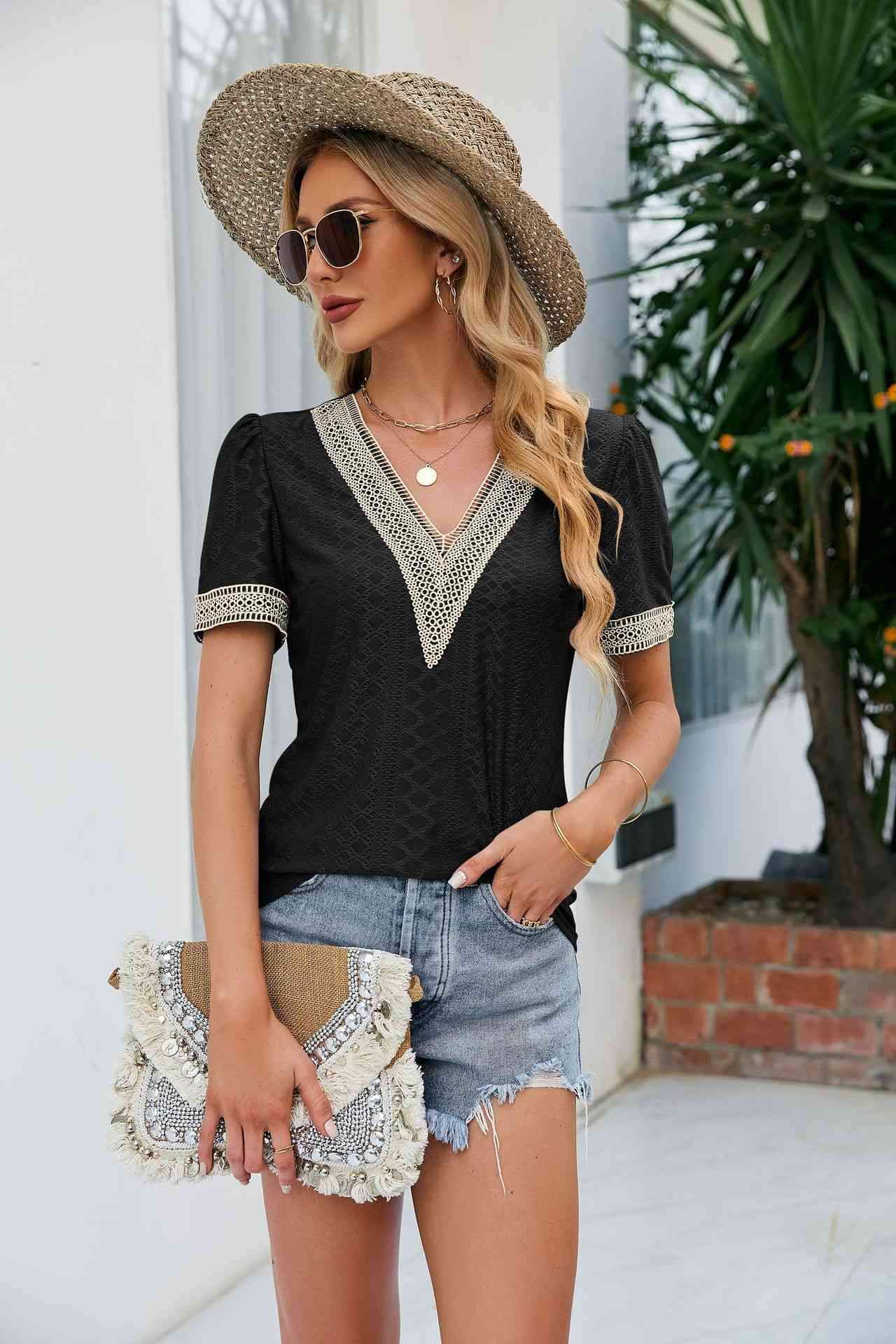 Contrast V-Neck Puff Sleeve Top Blouses - Tophatter Daily Deals