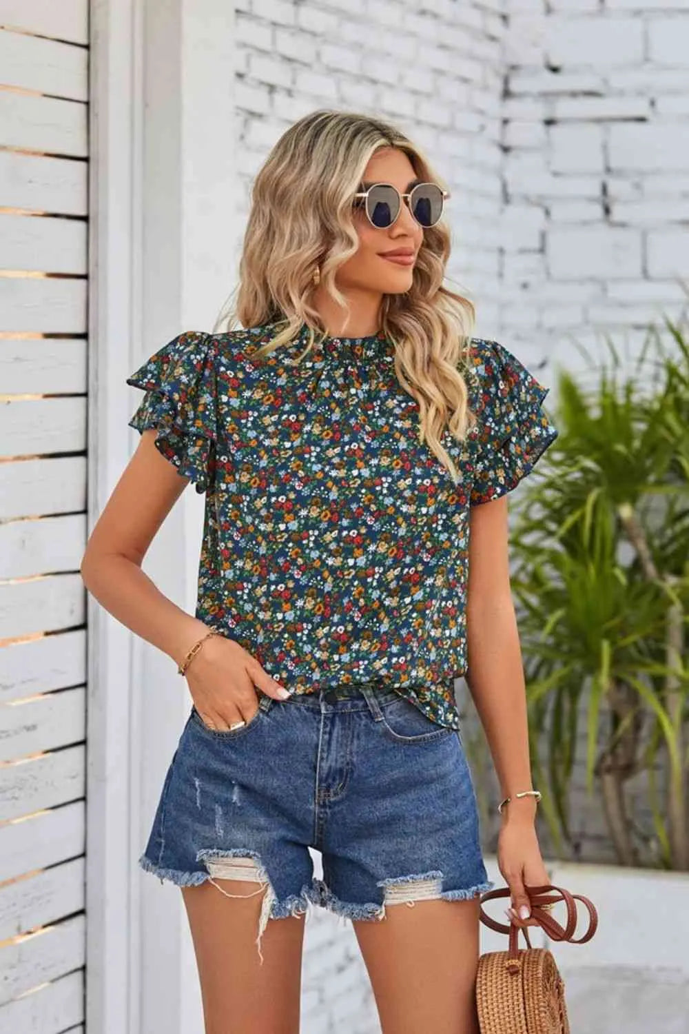 Floral Ruffle Collar Flutter Sleeve Blouse Blouses - Tophatter Daily Deals