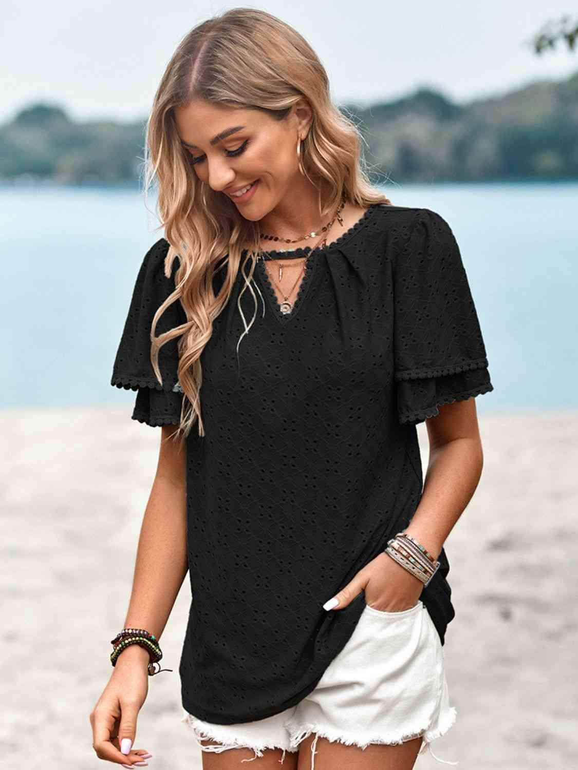 Eyelet Round Neck Puff Sleeve Blouse Black Blouses - Tophatter Daily Deals