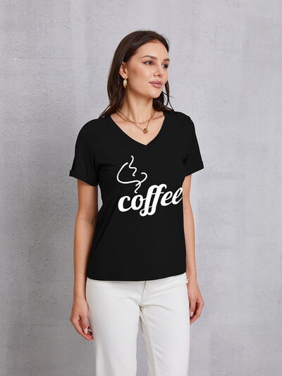 COFFEE V-Neck Short Sleeve T-Shirt Black Women's T-Shirts - Tophatter Daily Deals