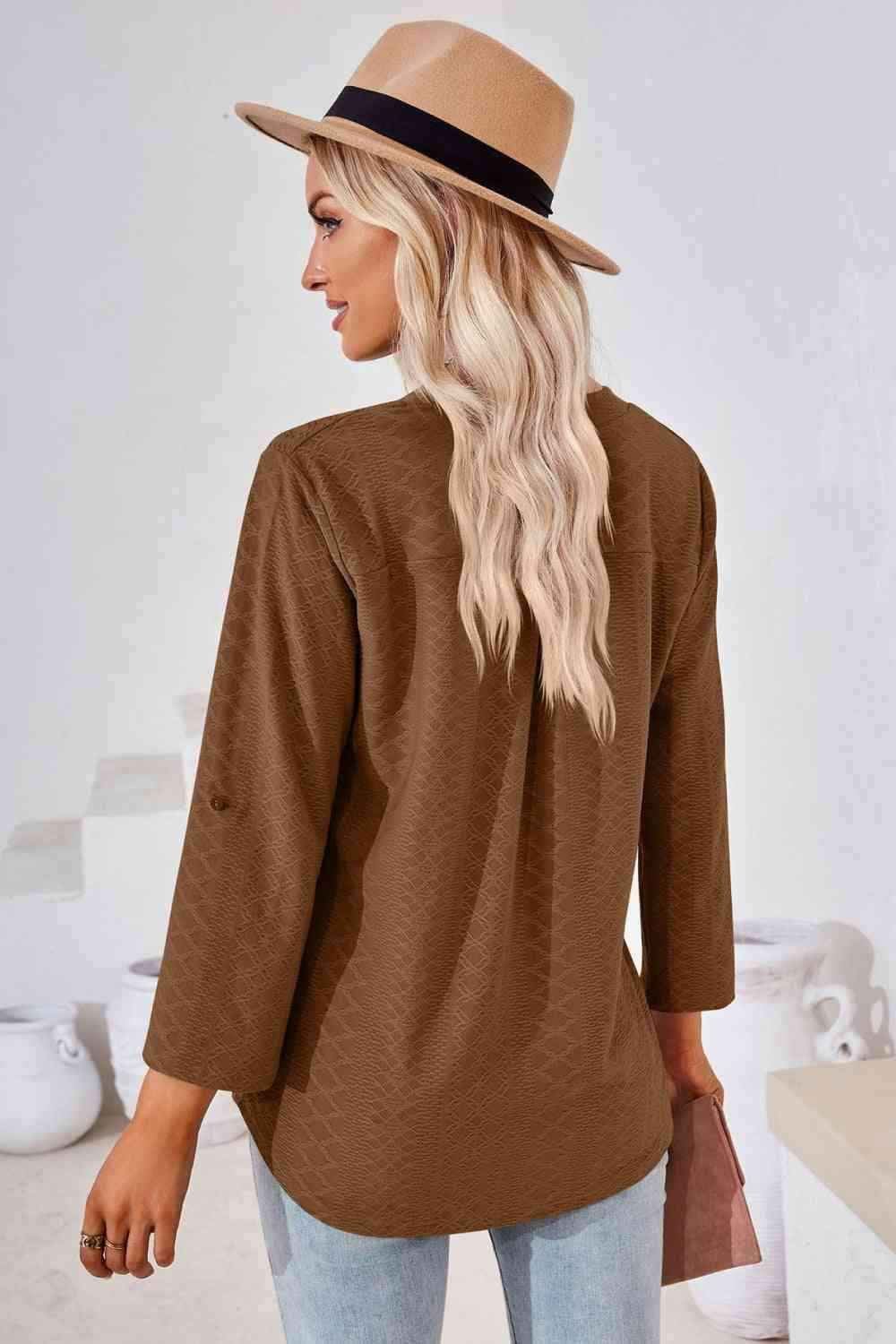 V-Neck Roll-Tap Sleeve Blouse Blouses - Tophatter Daily Deals