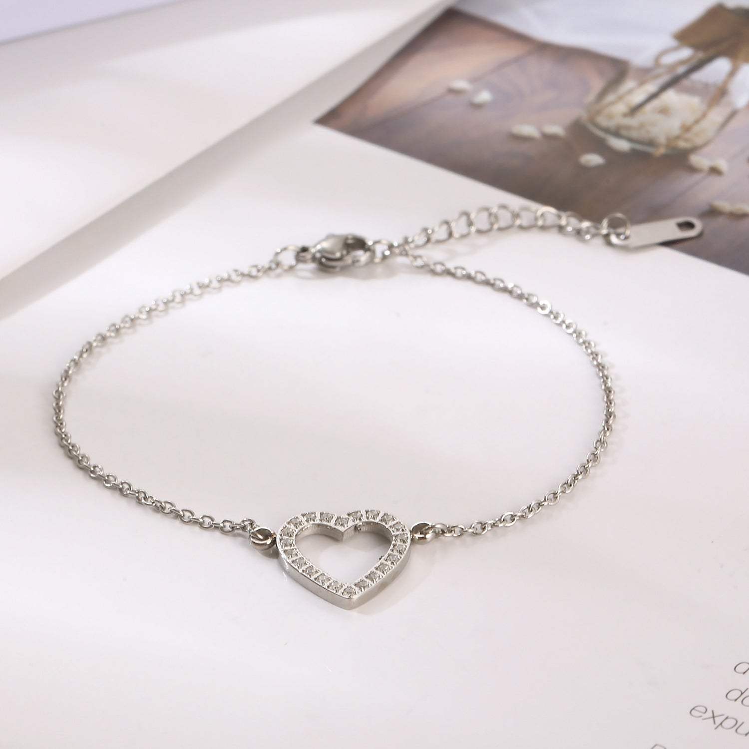 Inlaid Zircon Stainless Steel Heart Bracelet Silver One Size Bracelets - Tophatter Daily Deals