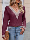 Double Take Contrast V-Neck Eyelet Long Sleeve Top Blouses - Tophatter Daily Deals