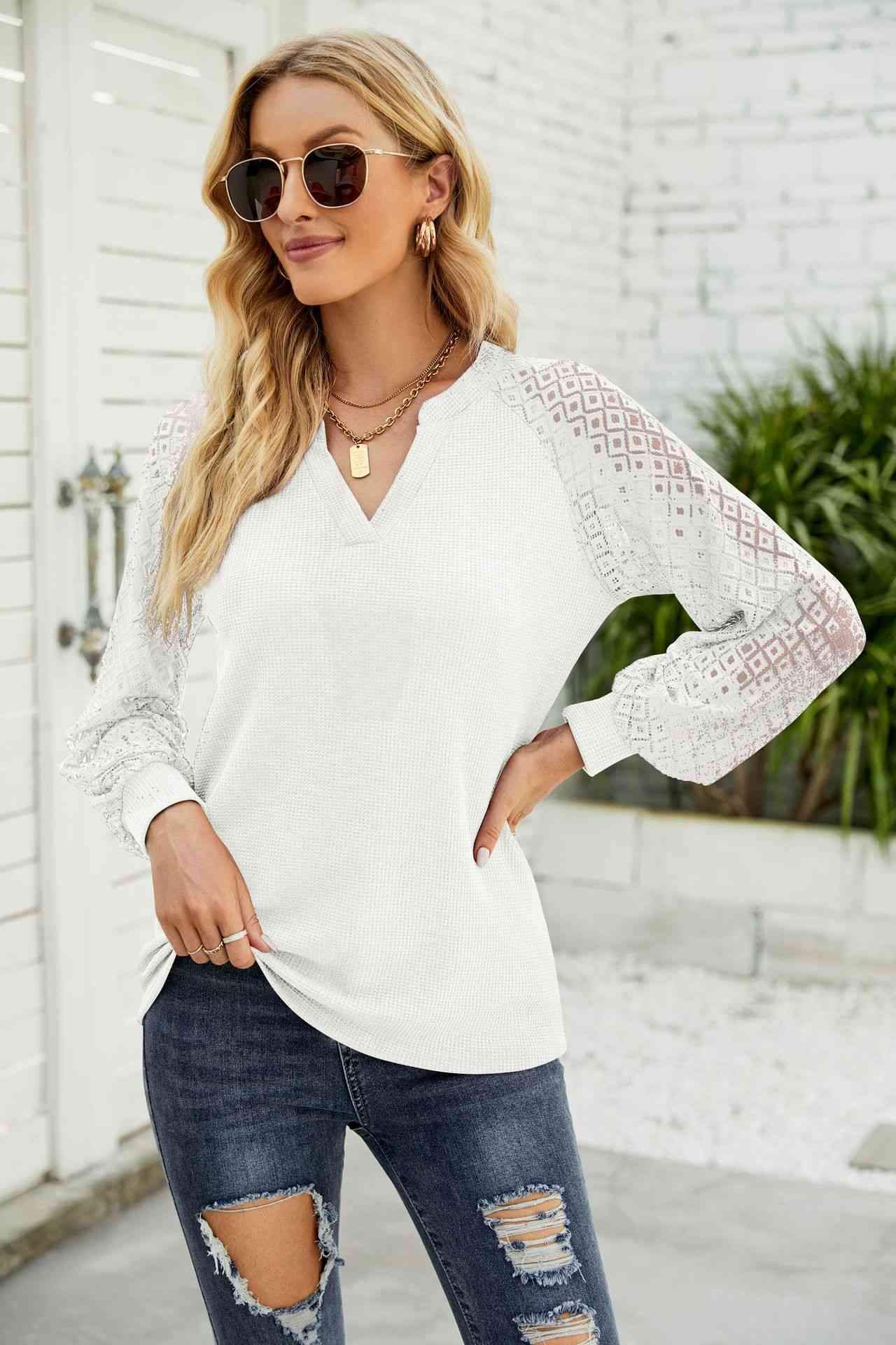 Waffle-Knit Spliced Lace Notched Top Blouses - Tophatter Daily Deals