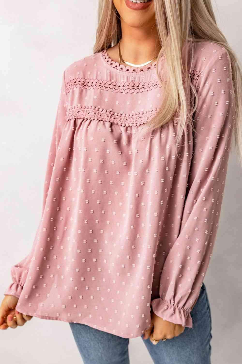 Swiss Dot Flounce Sleeve Button Detail Blouse Pink Blouses - Tophatter Daily Deals