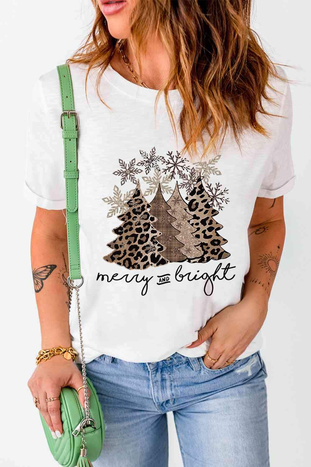 Christmas Tree Graphic Short Sleeve T-Shirt White Women's T-Shirts - Tophatter Daily Deals