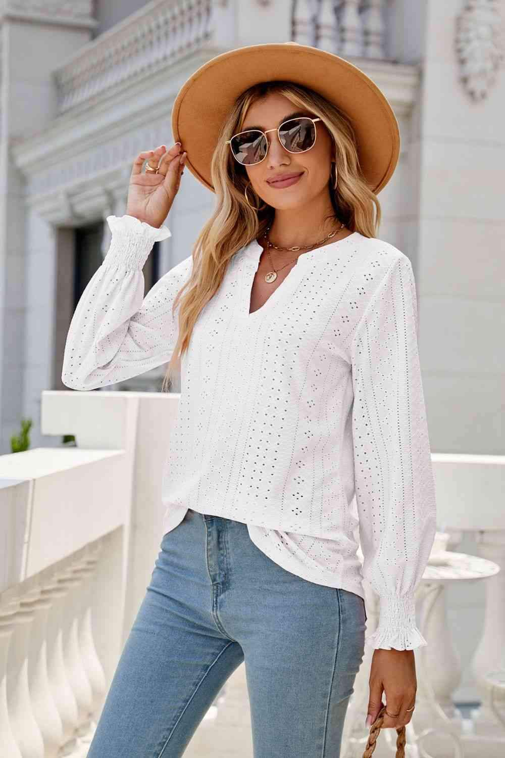 Notched Flounce Sleeve Eyelet Top White Blouses - Tophatter Daily Deals