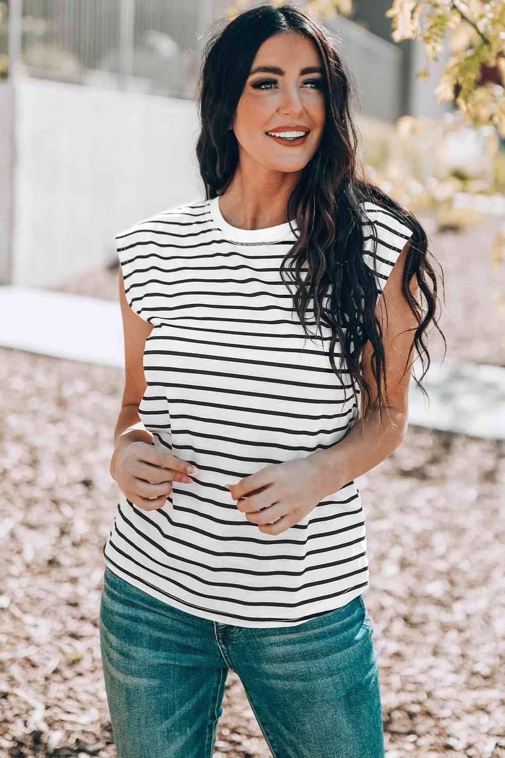 Striped Round Neck Capped Sleeve Top Blouses - Tophatter Daily Deals