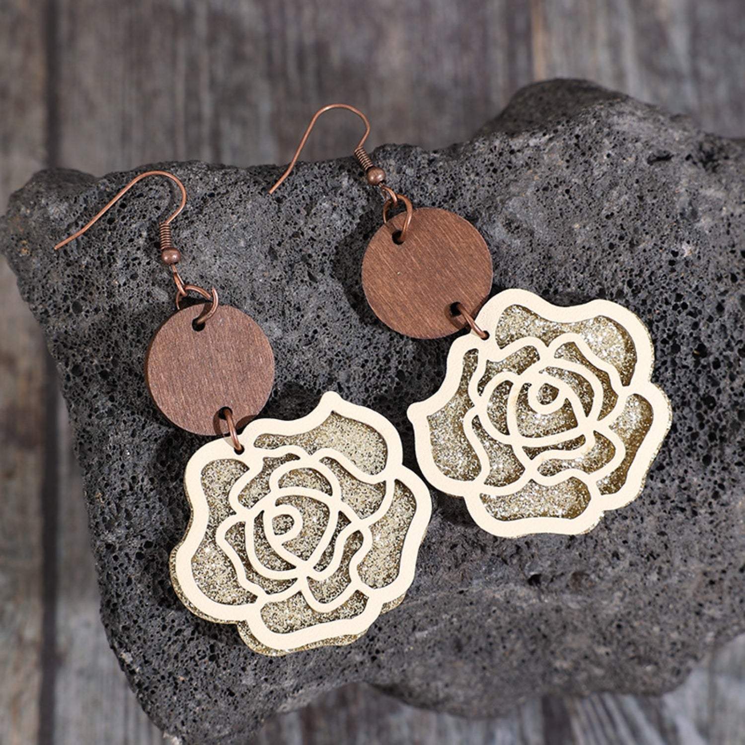 Wooden Alloy Rose Shape Dangle Earrings Earrings - Tophatter Daily Deals