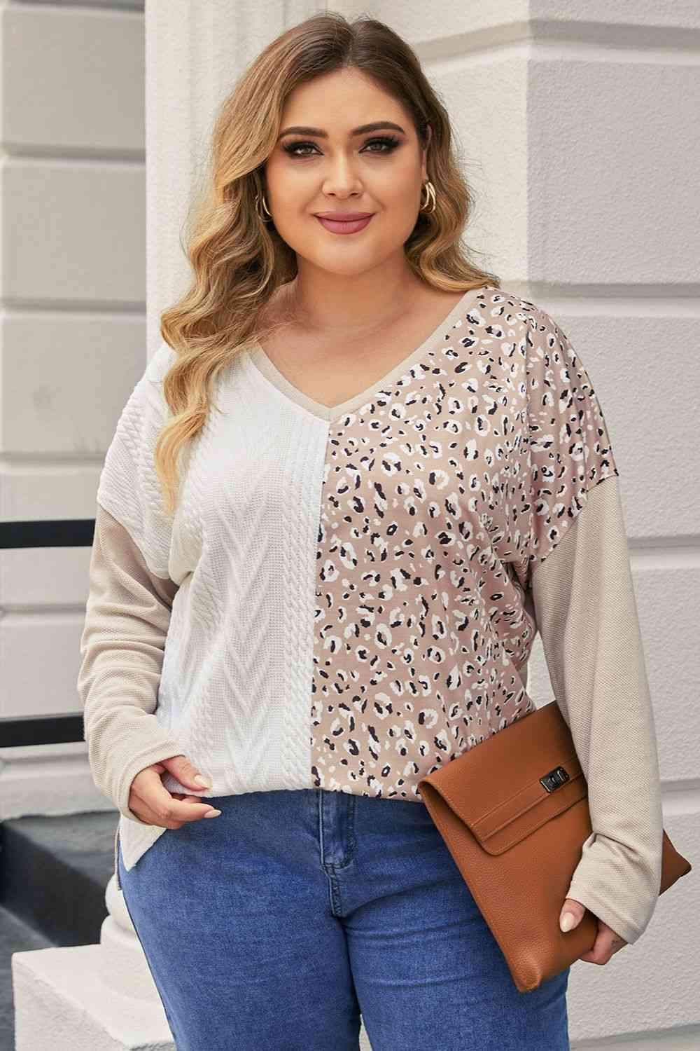 Plus Size Multicolor V-Neck Dropped Shoulder Sweater Khaki Blouses - Tophatter Daily Deals