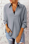 Textured Johnny Collar Three-Quarter Sleeve Blouse Gray Blouses - Tophatter Daily Deals