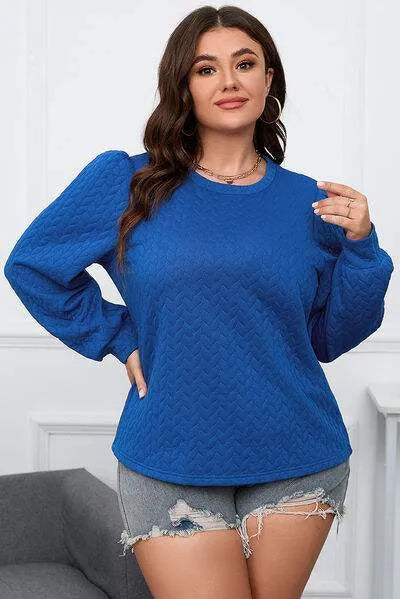 Plus Size Textured Round Neck Long Sleeve Top Cobalt Blue Blouses - Tophatter Daily Deals