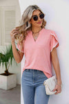 Pom-Pom Trim Petal Sleeve Notched Neck Top Blush Pink Blouses - Tophatter Daily Deals