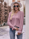 Double Take Eyelet V-Neck Flounce Sleeve Blouse Lilac Blouses - Tophatter Daily Deals