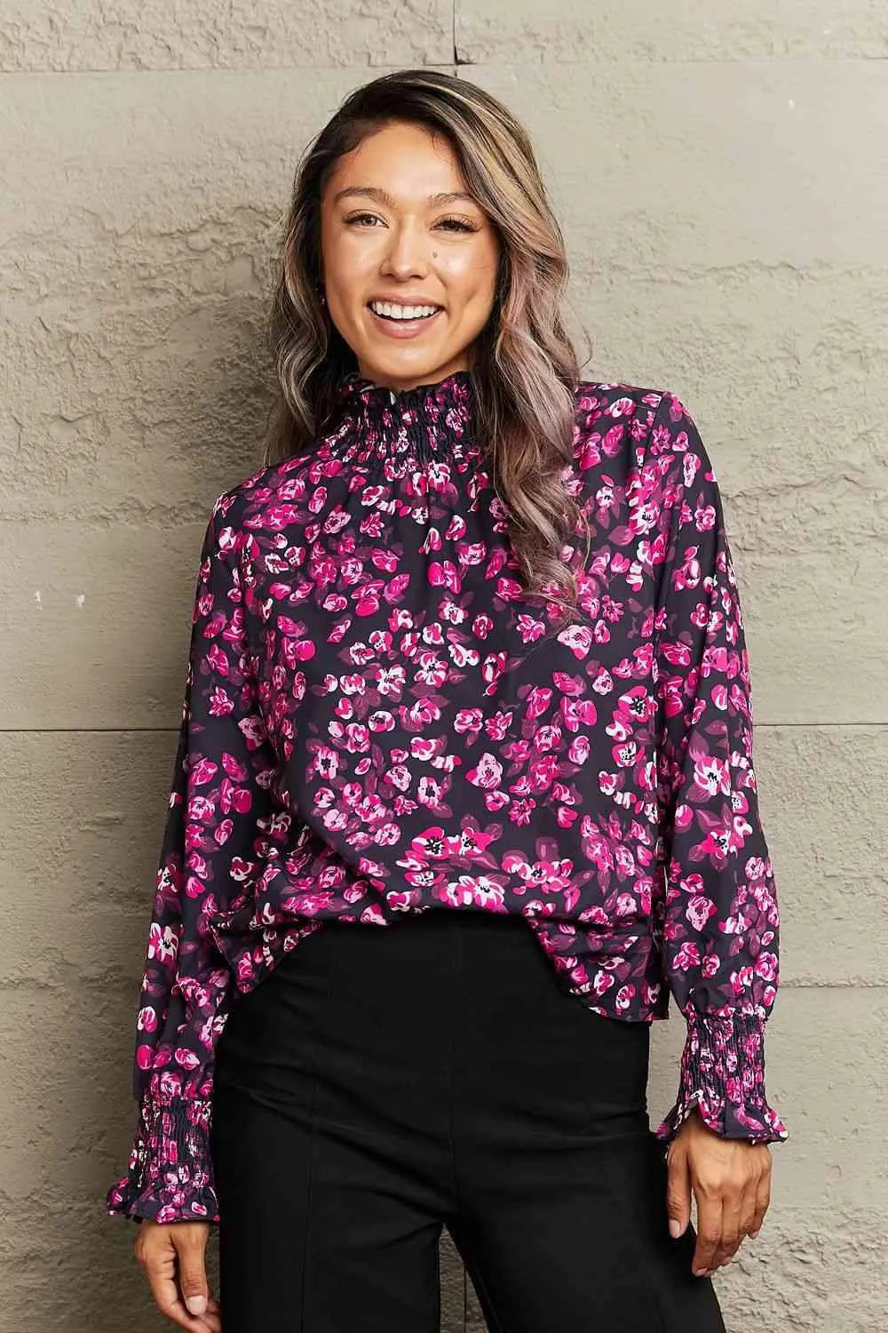 Floral Mock Neck Flounce Sleeve Blouse Purple Blouses - Tophatter Daily Deals