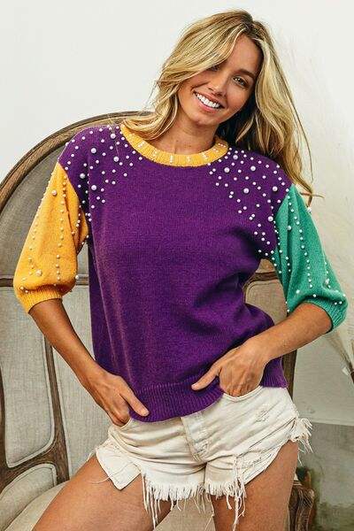 BiBi Color Block Pearl Detail Round Neck Sweater Blouses - Tophatter Daily Deals