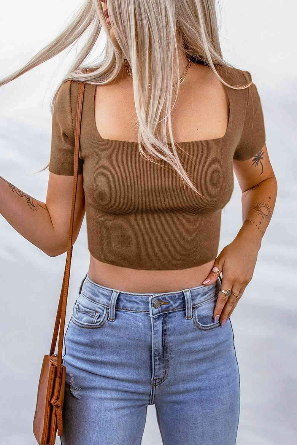 Lace-Up Square Neck Crop Top Blouses - Tophatter Daily Deals