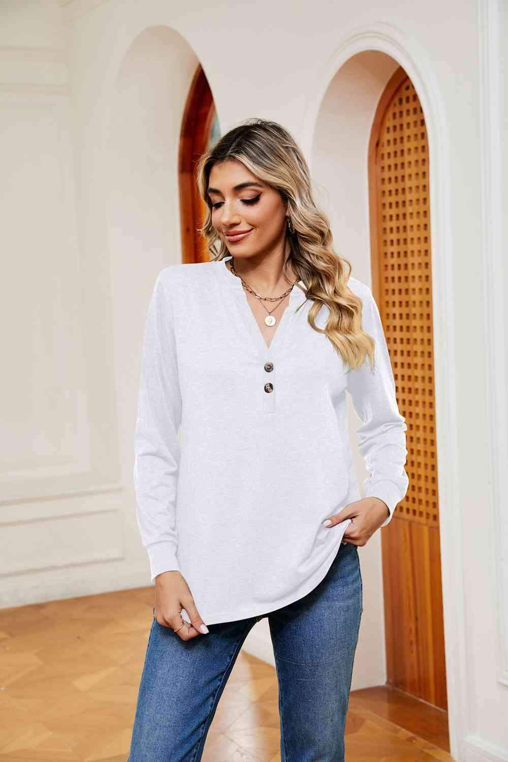 Buttoned Notched Neck Long Sleeve Top Blouses - Tophatter Daily Deals