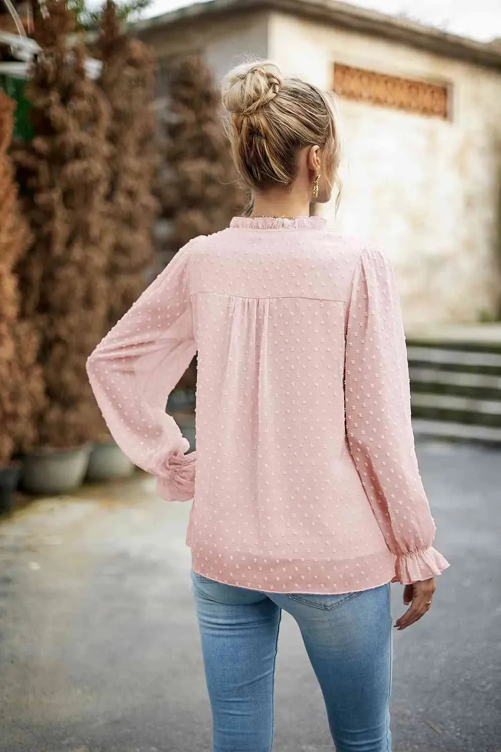 Swiss Dot Smocked Shoulder Blouse Blouses - Tophatter Daily Deals