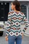 Printed Notched Neck Long Sleeve Top Blouses - Tophatter Daily Deals