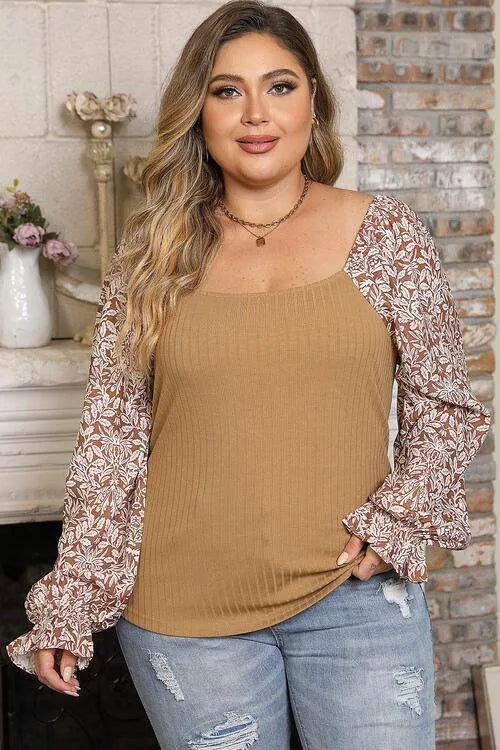 Plus Size Floral Square Neck Flounce Sleeve Blouse Blouses - Tophatter Daily Deals