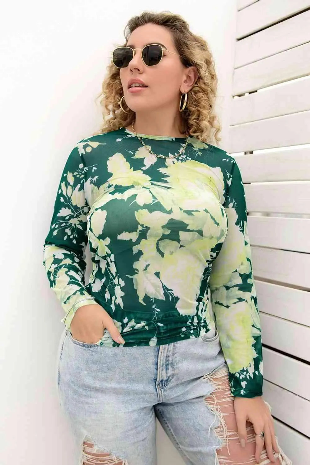 Plus Size Printed Round Neck Long Sleeve Blouse Blouses - Tophatter Daily Deals