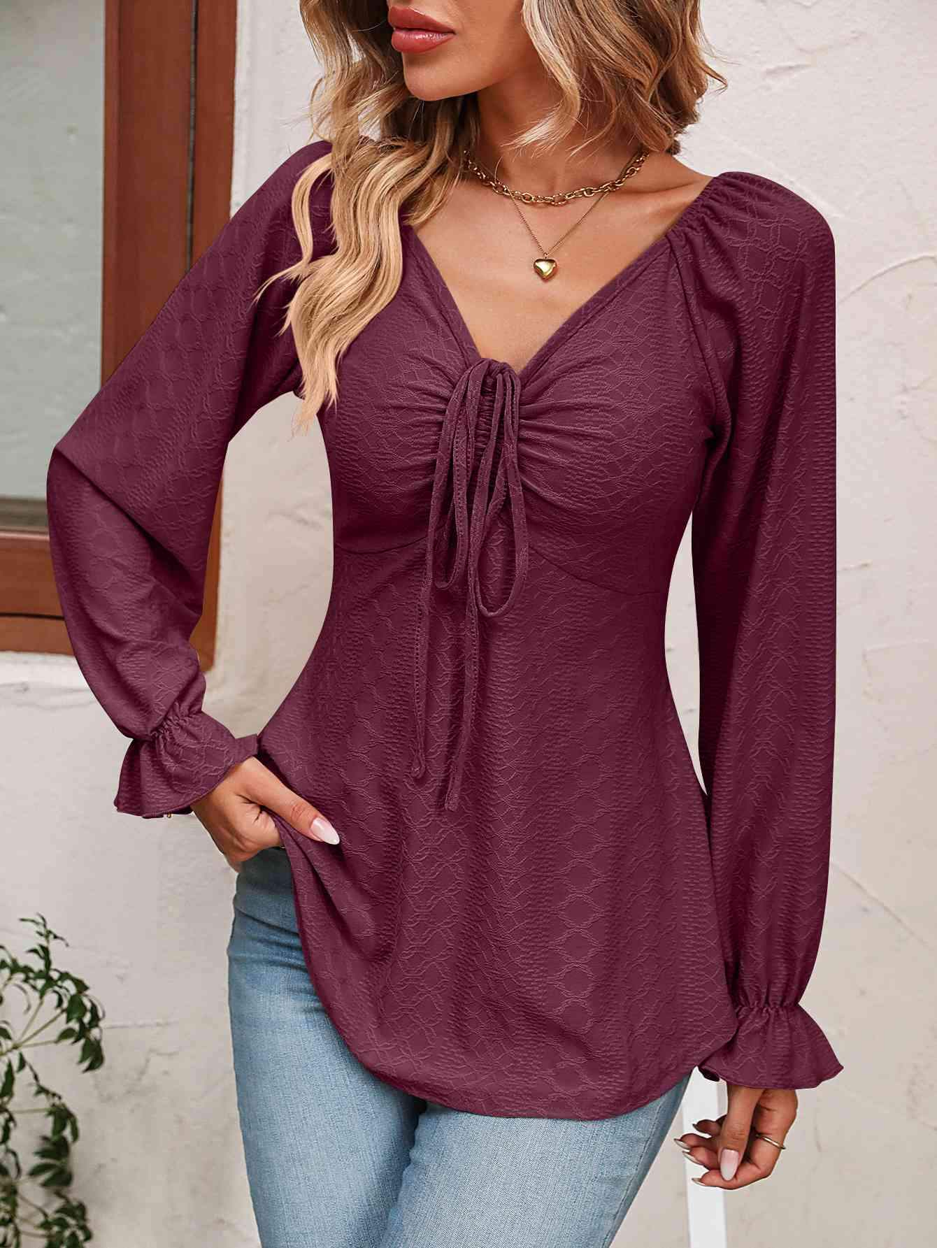 Tie Front V-Neck Puff Sleeve Blouse Blouses - Tophatter Daily Deals